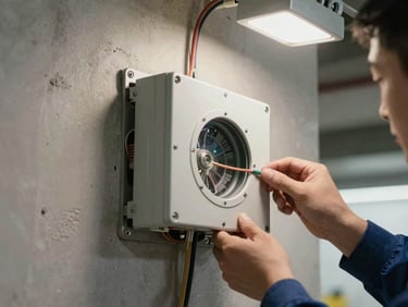 Close-up of a climate control module mounted flush in a plastered wall, wiring visible behind a partially removed faceplate, technician's hand adjusting a cable connection under overhead task lighting, concrete structure visible in background