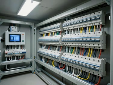 Wide environmental shot of a clean control panel installation inside a residential utility room — rows of circuit breakers, a smart home controller module, and labeled cable bundles running through a steel conduit tray. Overhead fluorescent light, no clutter. Industrial, precise.