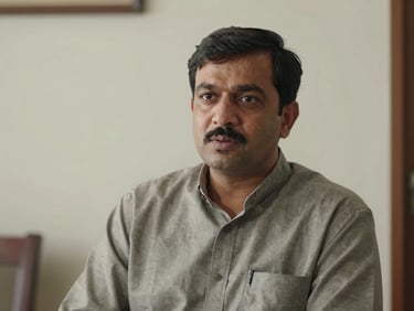 Medium shot of a Pakistani man in his mid-forties looking directly at camera, authentic interview expression, indoor natural light, no staging or props, plain wall background