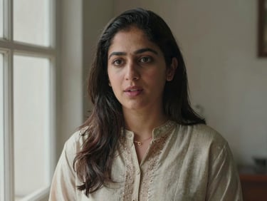 Medium shot of a Pakistani woman in her late twenties speaking to camera, direct eye contact, natural daylight from a side window, relaxed and credible expression, plain background