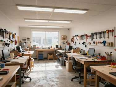 A wide, clean environmental shot of the bright Los Angeles workshop, high ceilings, natural light, tools organized neatly on walls.