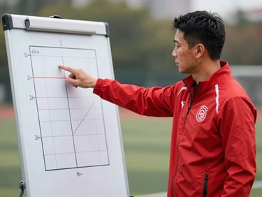 Youth football coach in a red training jacket pointing on a tactical board outdoors, natural light.