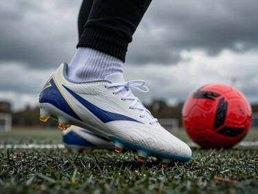 Dynamic close-up of soccer boots on wet turf, kicking a red ball under dramatic overcast sky.