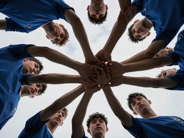 Low-angle shot of a youth soccer team huddling in a circle, hands together, high contrast athletic style.
