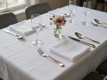 Wide environmental close-up of an elegantly set dining table from above — white linen, precise silverware, a single seasonal flower in a low bud vase, soft diffused daylight from a nearby window, no people visible