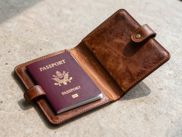Close environmental shot looking down at an organized leather travel folio open on a pale stone surface, a passport and folded itinerary visible inside, soft available north-facing light, no hands in frame