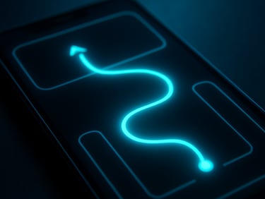 Macro close-up of a mobile game interface showing real-time physics rendering, glowing cyan trails on a dark screen, angled perspective