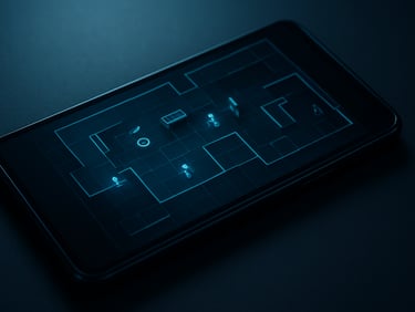 Sleek Android smartphone lying on a dark surface, screen glowing with a dark-mode tactical strategy game layout, sharp contrast