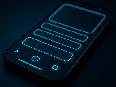 Macro perspective of a high-fidelity mobile interface glowing with cool neon cyan accents, angled perspective of a dark-mode Android device mockup, sleek digital photography