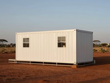 Prefab modular clinic unit fully assembled in a Kenyan rural landscape, steel frame visible at one corner, late-afternoon warm light, red earth foreground