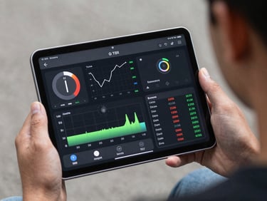 Over-the-shoulder view of an active testing interface on a tablet, showing live timer and performance charts in crisp daylight.