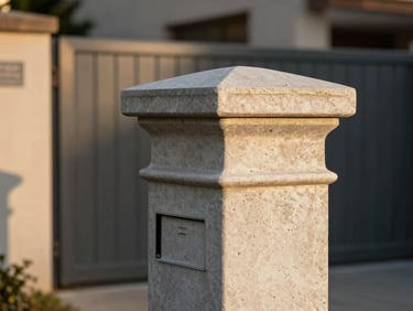 Tight architectural shot of a monolithic concrete mailbox post at golden hour, surface finish showing fine aggregate texture and a champagne patina, set against a blurred residential entry gate, raking sidelight emphasizing the mass and edge profile