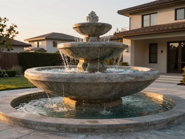 Wide shot of a sculptural concrete water fountain installed at the entrance of a residential property at golden hour, warm light catching the tiered surface texture, landscape context visible, no people