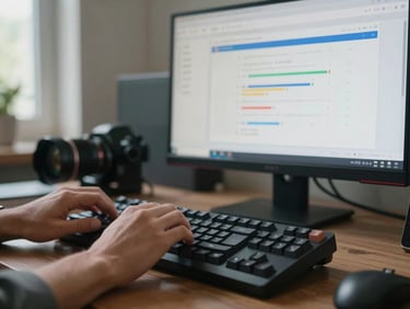 Wide shot of hands on a mechanical keyboard during active campaign optimization, a second monitor showing Google Ads performance charts in background, cool documentary daylight from left, no faces visible, execution-focused work environment