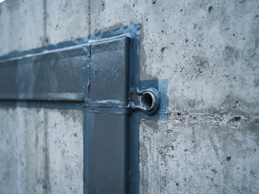 Detail shot of a precise waterproofing application on a concrete surface, clean technical lighting, cool blue tones, 35mm lens.