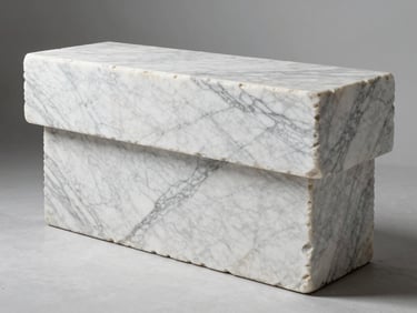 Close architectural view of a Statuario marble quarry bench in Carrara, freshly cut stone face showing dense fine grey veining on brilliant white ground, hard studio strobe light from one side revealing surface texture