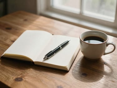 Single open notebook beside a ceramic coffee cup on a warm wooden surface, soft morning window light, a pen resting across the page, calm and intimate still life