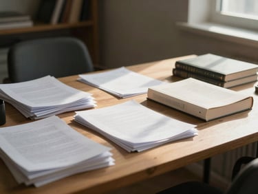 Wide environmental view of a quiet home study, warm afternoon light falling across a tidy desk with stacked papers and a closed book, no people, calm and orderly atmosphere