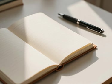 Close-up overhead of an open leather-bound notebook beside a pen on a warm off-white desk, soft morning window light raking across the pages, no text visible