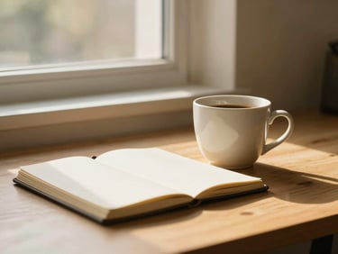 A single ceramic coffee cup beside a closed notebook on a calm desk near a sunlit window, warm golden hour light, minimalist and still