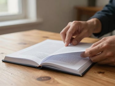 Hands gently turning the page of a printed document on a wooden table, warm diffused natural light from a side window, shallow depth of field