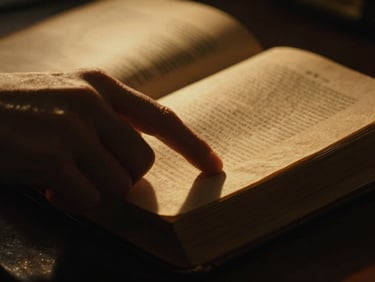 Extreme close-up of a hand turning a page of an ancient leather-bound book, warm golden spotlight catching the texture of the parchment, deep obsidian shadows, cinematic chiaroscuro, 35mm