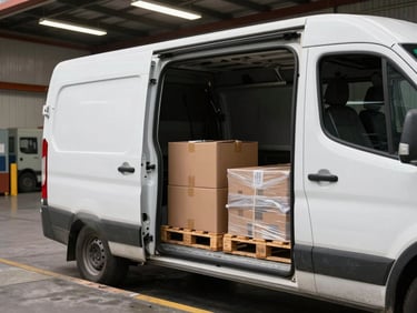 Close-up of a white cargo van rear doors open at a loading dock, overhead fluorescent warehouse light, cardboard boxes and wrapped pallets visible inside the van, concrete dock edge in foreground
