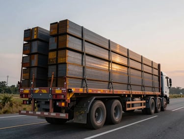 Flatbed truck loaded with raw steel beams on an open highway at dusk, low golden-grey overcast light, cargo secured with heavy ratchet straps, wide environmental framing with open road ahead