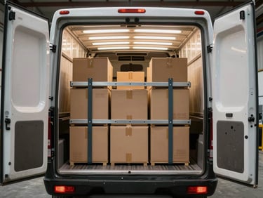 Box truck interior with rear roll door open wide, stacked commercial freight boxes secured with load bars, harsh fluorescent overhead light inside cargo bay, concrete warehouse floor visible