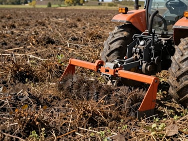 Close-up of a brush hog attachment on a tractor, actively clearing dense undergrowth in a field, bright natural daylight, rich earthy tones.