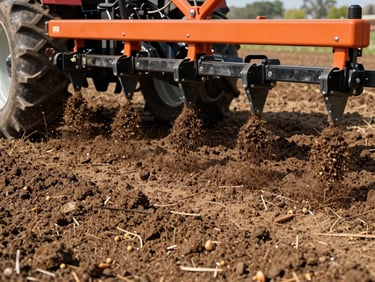 Close-up of a seed drill attachment on a tractor, dropping seeds into prepared soil, bright natural daylight, sharp focus.