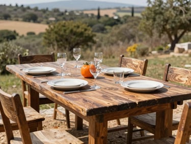 Wide shot of a rustic outdoor dining table set with simple plates and glasses, surrounded by natural landscape, crisp outdoor photography.