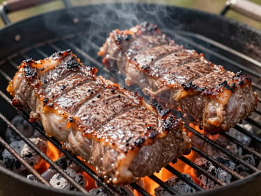 Close-up of a large cut of meat sizzling on an open-fire grill, embers glowing, natural daylight, rich earthy tones.