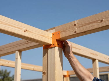 Wide shot of skilled hands framing a timber structure, bright natural daylight, clear blue sky, focus on joinery