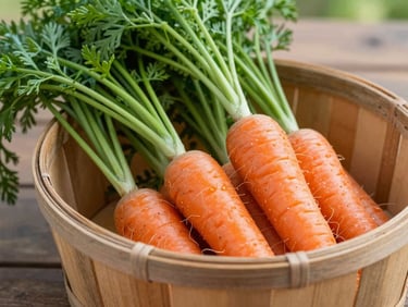 Close-up of fresh, vibrant vegetables (carrots, greens) in a rustic wooden basket on a wooden table, natural daylight.