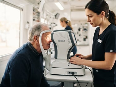 Clinical close-up of a modern optical autorefractor in a bright mobile clinic, a professional guiding a patient, soft warm lighting, 35mm lens.