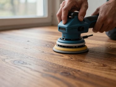 Macro texture shot of hands operating professional dustless sanding equipment on a rich wood floor, natural window light.