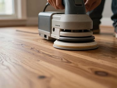 Close-up of professional dustless floor sanding equipment operating on a classic taco floor, warm natural light, sharp focus on the raw wood emerging behind the machine.