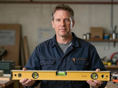 A portrait of Lamar Hawkins, a male trade instructor in his late 40s holding a level, workshop setting, sharp focus