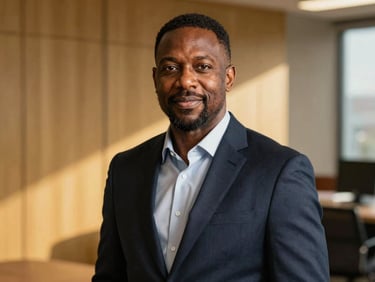 A portrait of Gomecko Brown, a Black male financial advisor in his early 40s, professional office background, warm side-light
