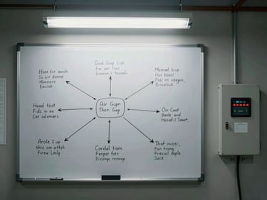 Wide environmental shot of an air-gap network diagram drawn in marker on a whiteboard inside a secure windowless facility, overhead cold fluorescent light, physical isolation switch panel mounted on the wall to the right, no people present