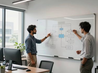 A modern, bright office interior in Bangalore with software engineers collaborating over whiteboards showing system architecture diagrams, cool daylight