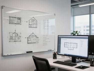 A clean, modern software office in Philadelphia with whiteboard diagrams, daylighting, and screens displaying architectural schemas.