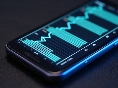 Angled macro shot of a physical Android device screen displaying high-density system performance graphs in electric cyan on a dark background, moody blue rim lighting reflecting off the glass edge.
