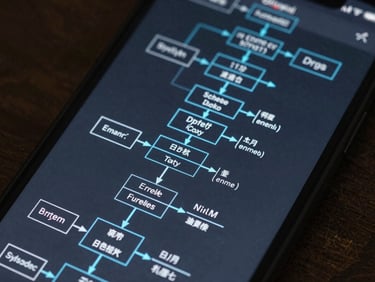 Technical schematic of a system file directory tree displayed on a mobile screen, sharp vector lines, electric-cyan highlights, deep charcoal background.