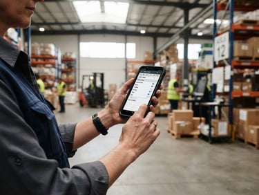clean industrial photography, bright natural daylight, worker hands holding a modern smartphone displaying an operational checklist inside a warehouse, 35mm