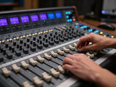 Professional audio mixing console with glowing purple and blue LED meters, hands adjusting a fader in sharp focus, dark studio.