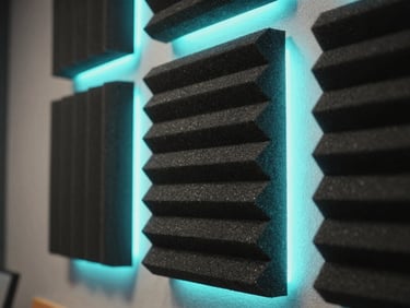 Close-up of premium soundproofing panels on a studio wall, dramatic cyan LED rim lighting, shallow depth of field, professional environment.