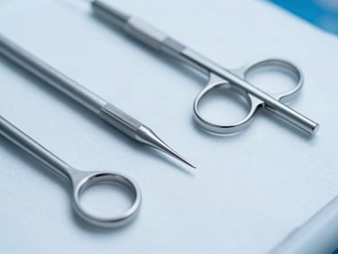 Macro flat-lay of matte-finish titanium dental instruments on a sterile white surface, sharp clinical lighting, subtle blue-toned backlighting.