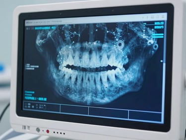 Close-up of a high-resolution clinical monitor displaying dental diagnostic software, sharp electric blue data overlays, sterile white and deep slate tones.